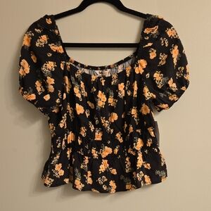 SO Black and Orange Puff Sleeve Blouse